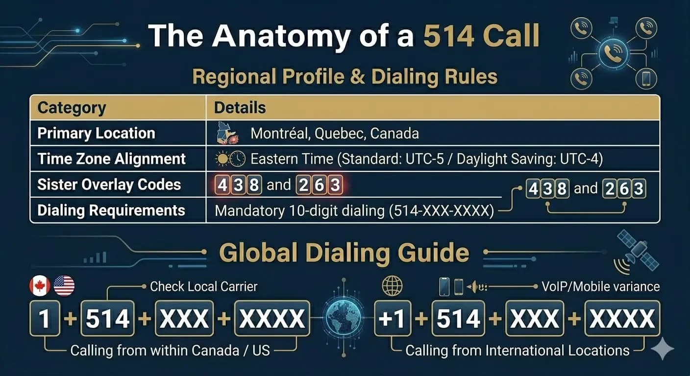 A reference infographic breaking down the 514 area code profile, illustrating its primary location in Montreal, Quebec, its Eastern Time Zone alignment, sister overlay codes 438 and 263, and the global dialing formats required to reach it.