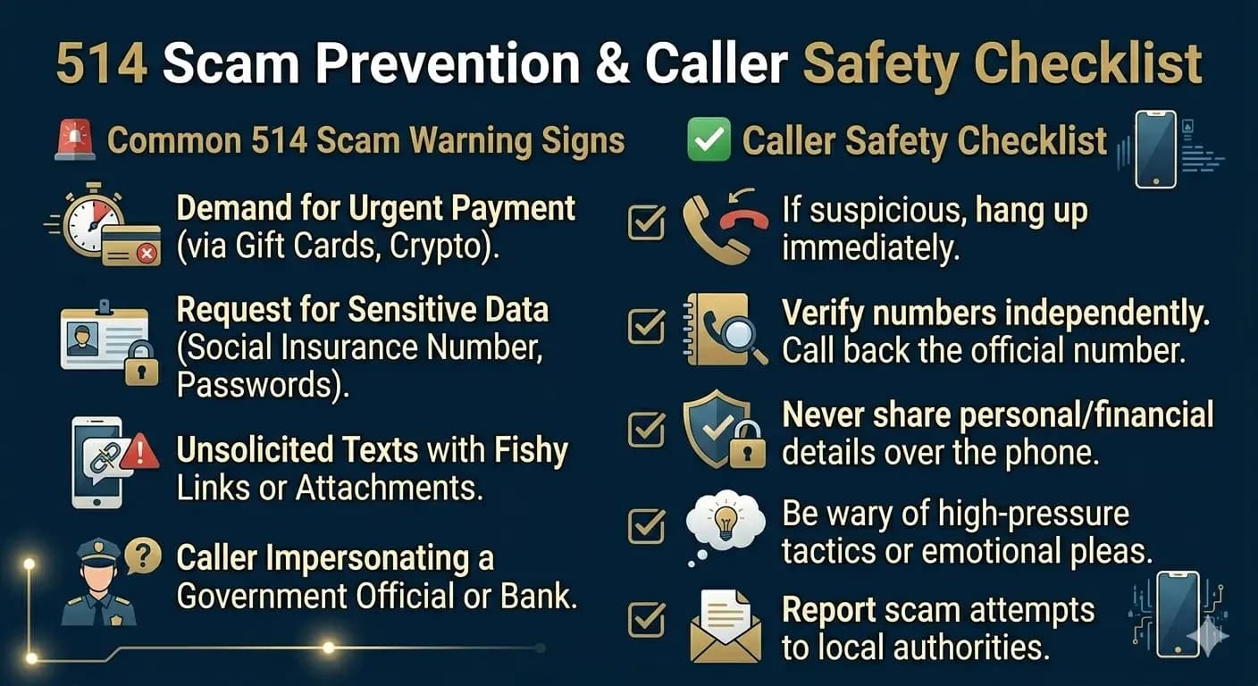 A safety infographic checklist highlighting common phone scams using spoofed 514 Montreal area code numbers, showcasing warning signs like urgent payment demands, requests for banking data, and text message link scams.