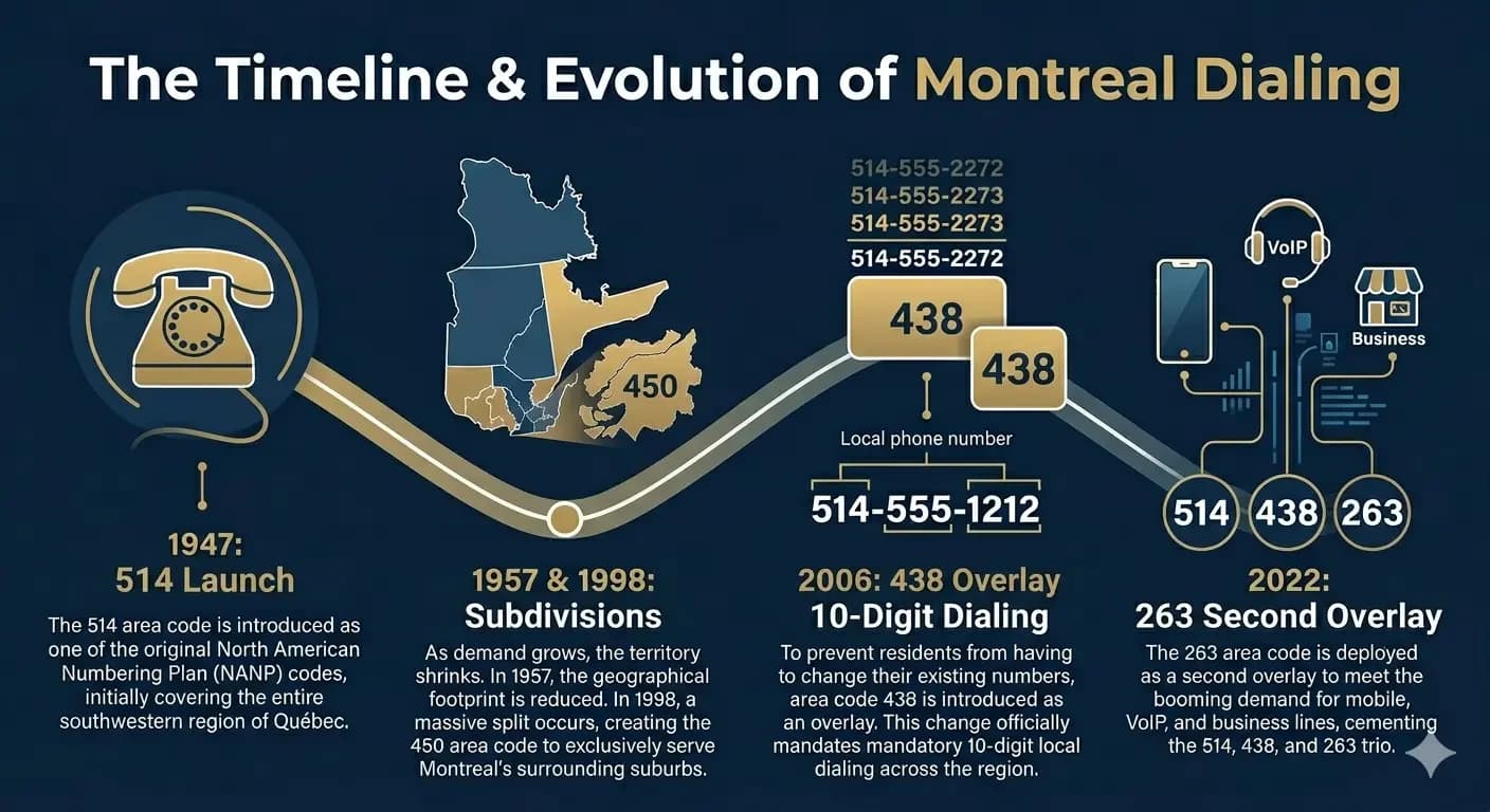 A chronological timeline infographic showing the history of Montreal's 514 area code from its launch in 1947 as an original North American Numbering Plan code, through its geographical splits in 1957 and 1998, to the addition of overlay codes 438 in 2006 and 263 in 2022.