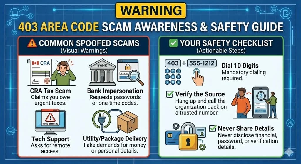 A consumer safety infographic highlighting common phone scams that spoof the 403 area code, such as CRA tax scams, bank impersonation, and tech support scams, alongside a safety checklist including 10-digit dialing and verification tips.