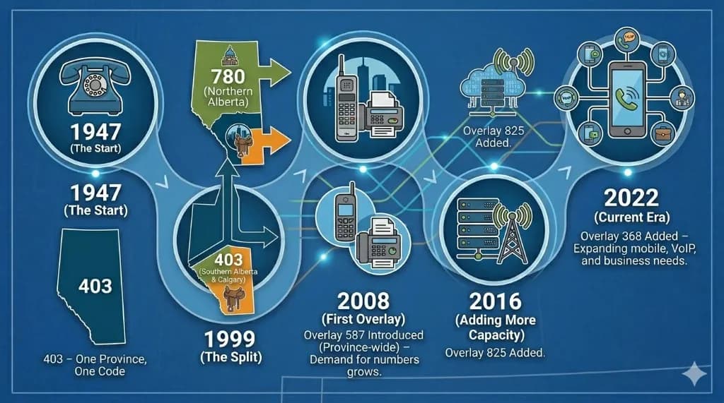 A chronological timeline infographic showing the evolution of the 403 area code from serving the entire province of Alberta in 1947 to splitting in 1999, and the subsequent addition of overlay codes 587, 825, and 368 up to 2022.