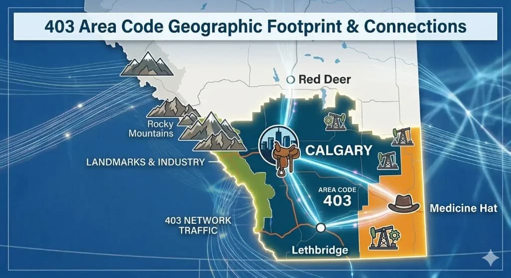 A reference infographic showing a central diagram of the region, emphasizing Calgary, surrounded by the overlay codes 587, 825, and 368, with illustrative icons for mobile and VoIP, and an example demonstrating correct 10-digit dialing.