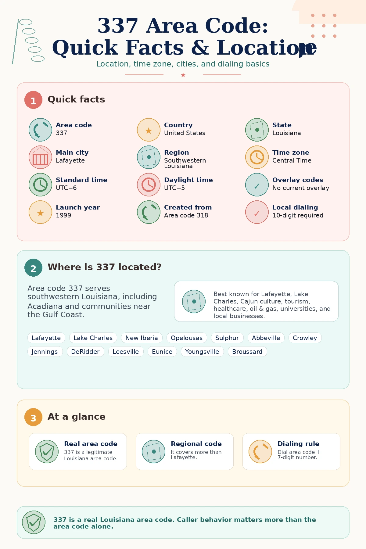 Infographic showing quick facts about the 337 area code, including Louisiana location, Lafayette as the main city, Central Time Zone, 1999 launch year, 10-digit dialing, and major southwest Louisiana cities.