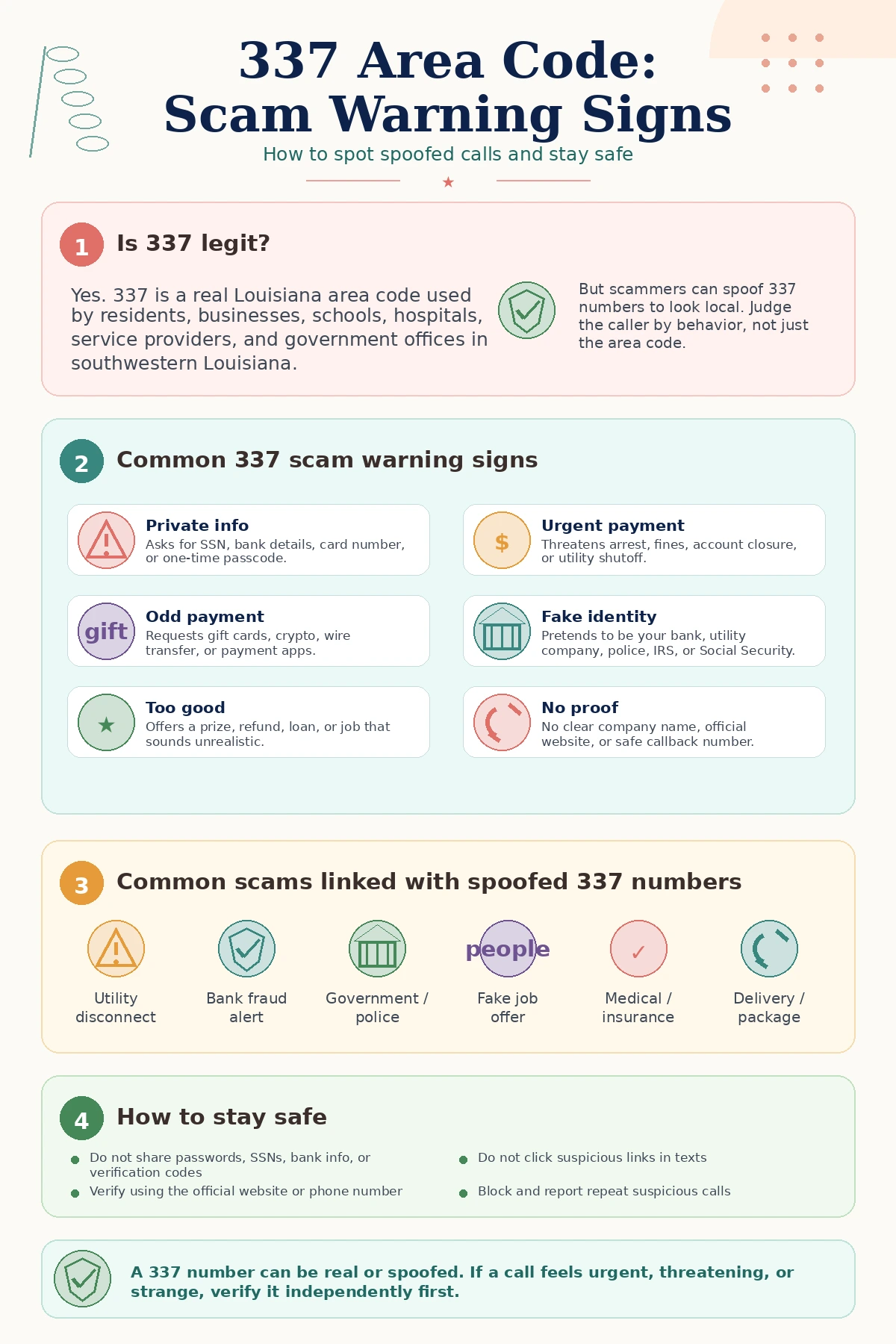 Infographic explaining 337 area code scam warning signs, common spoofed call scams, and safety tips for verifying suspicious Louisiana phone numbers.
