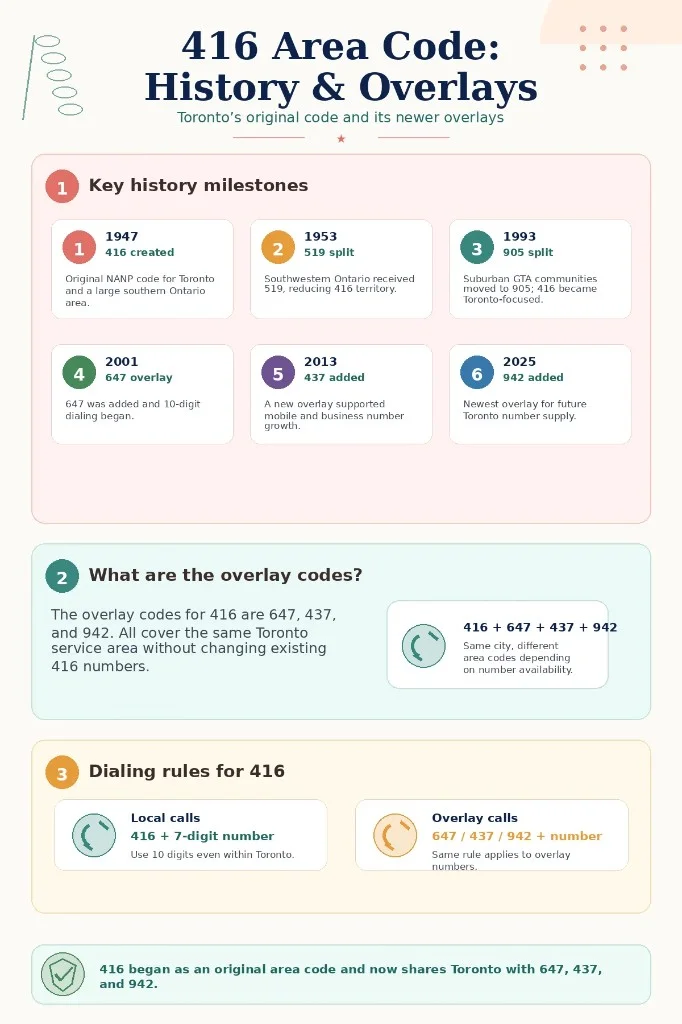 Infographic explaining the history of the 416 area code, including its 1947 creation, 519 and 905 splits, overlay codes 647, 437, and 942, and 10-digit dialing rules for Toronto.