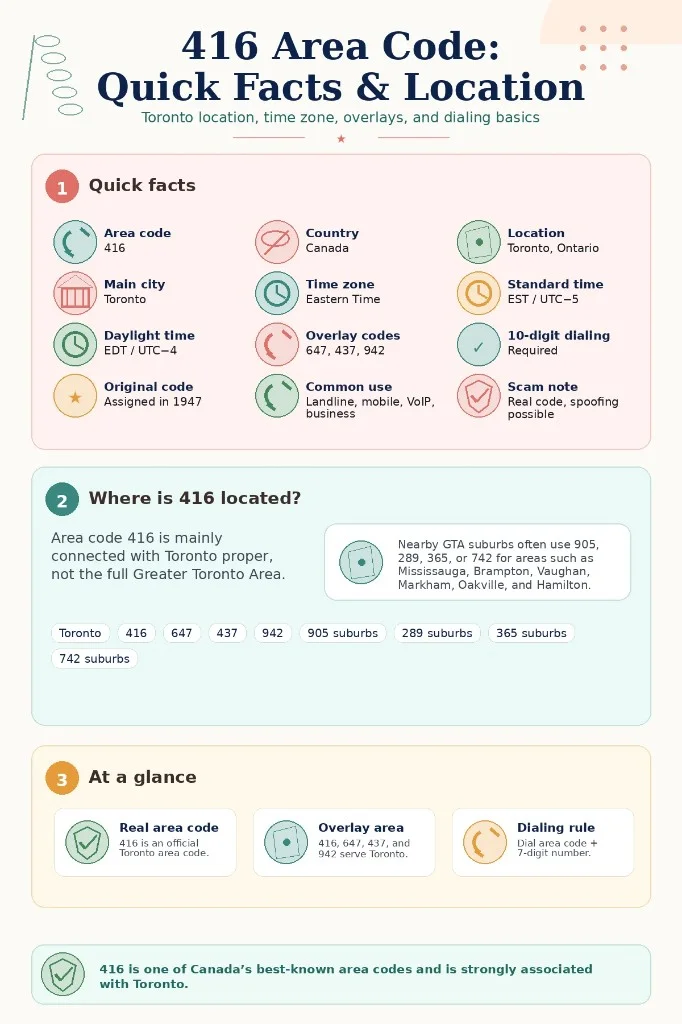 Infographic showing quick facts about the 416 area code, including its Toronto location, Eastern Time Zone, overlay codes 647, 437, and 942, 1947 launch year, and 10-digit dialing.