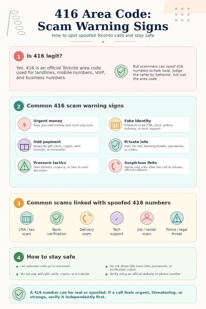 Infographic explaining 416 area code scam warning signs, common spoofed Toronto phone scams, and safety tips for verifying suspicious 416 calls and texts.