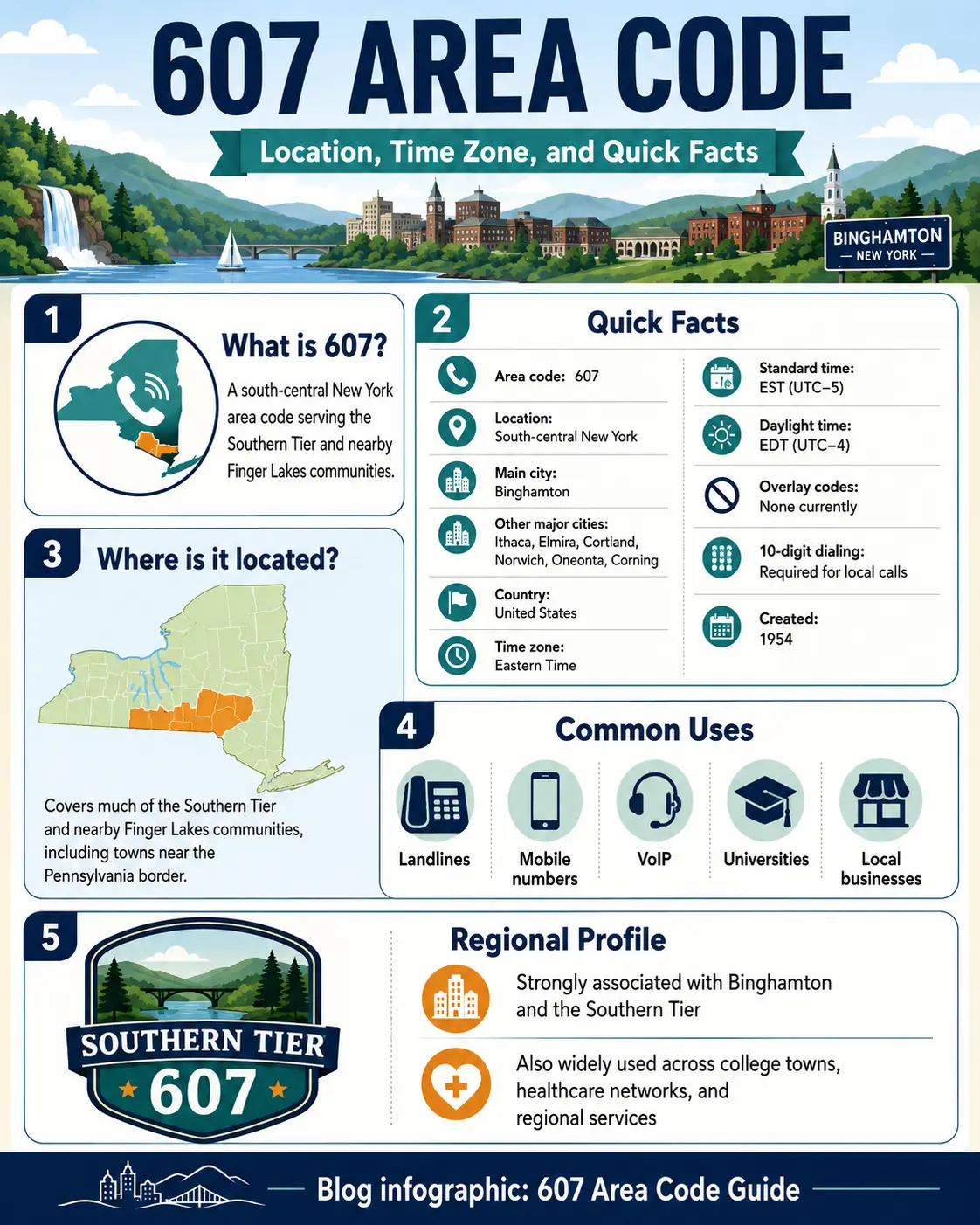Infographic showing the 607 area code location in south-central New York, Eastern Time Zone, Binghamton as the main city, major cities served, no current overlay, and required 10-digit dialing.