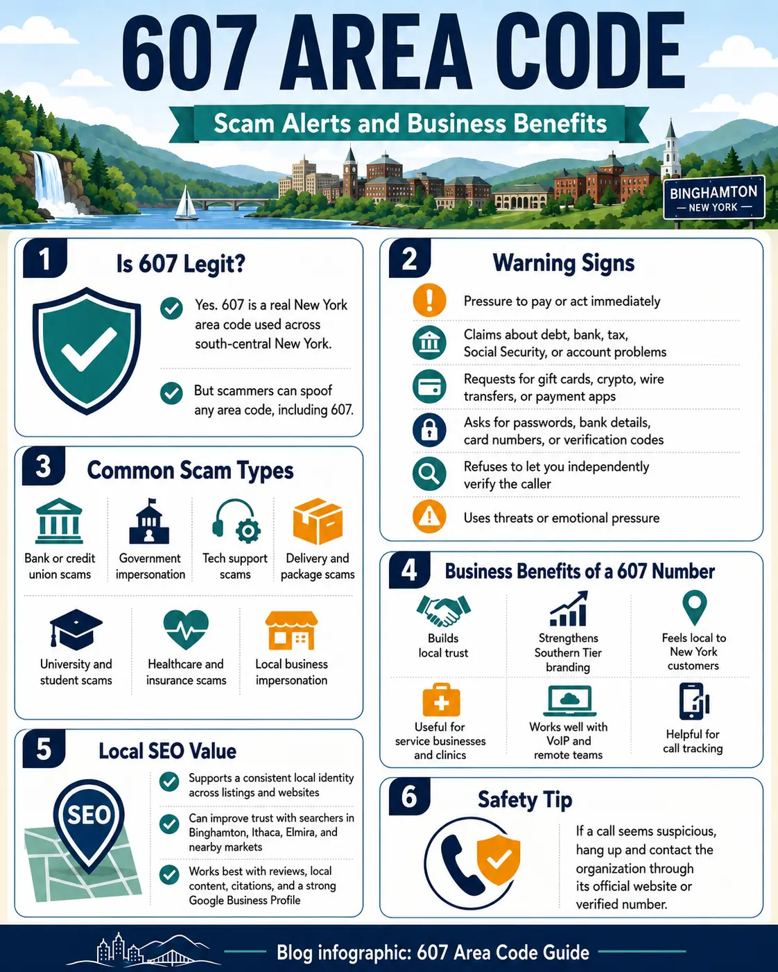 Infographic explaining 607 area code scam warning signs, common scam types, business benefits, local SEO value, and safety tips.