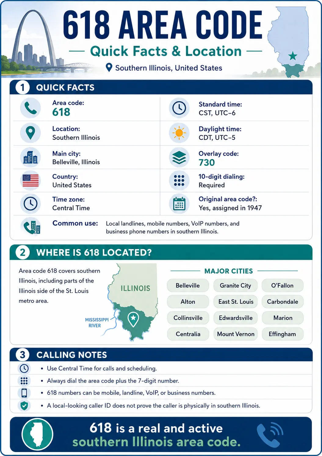 Infographic showing quick facts about the 618 area code, including its Southern Illinois location, Belleville as the main city, Central Time Zone, 730 overlay code, and required 10-digit dialing.