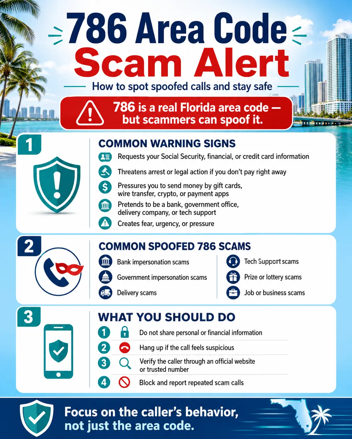Infographic explaining 786 area code scam warning signs, common spoofed call scams, and safety tips for verifying suspicious callers.
