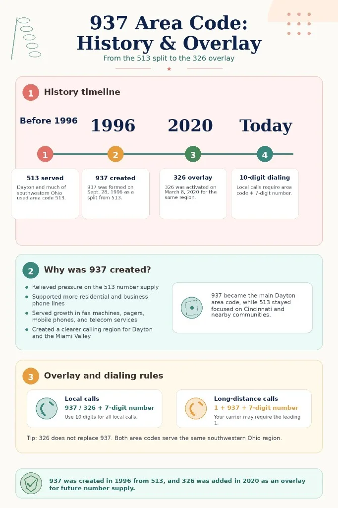 Infographic explaining the history of the 937 area code, including its 1996 split from area code 513, the 326 overlay added in 2020, and 10-digit dialing rules for Dayton and southwestern Ohio.