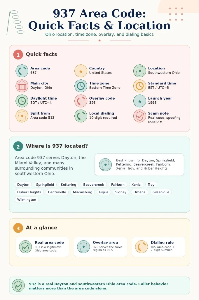 Infographic showing quick facts about the 937 area code, including its southwestern Ohio location, Dayton as the main city, Eastern Time Zone, 326 overlay code, 1996 launch year, and 10-digit dialing.