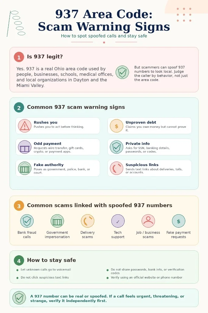 Infographic explaining 937 area code scam warning signs, common spoofed call scams, and safety tips for verifying suspicious Ohio phone numbers.