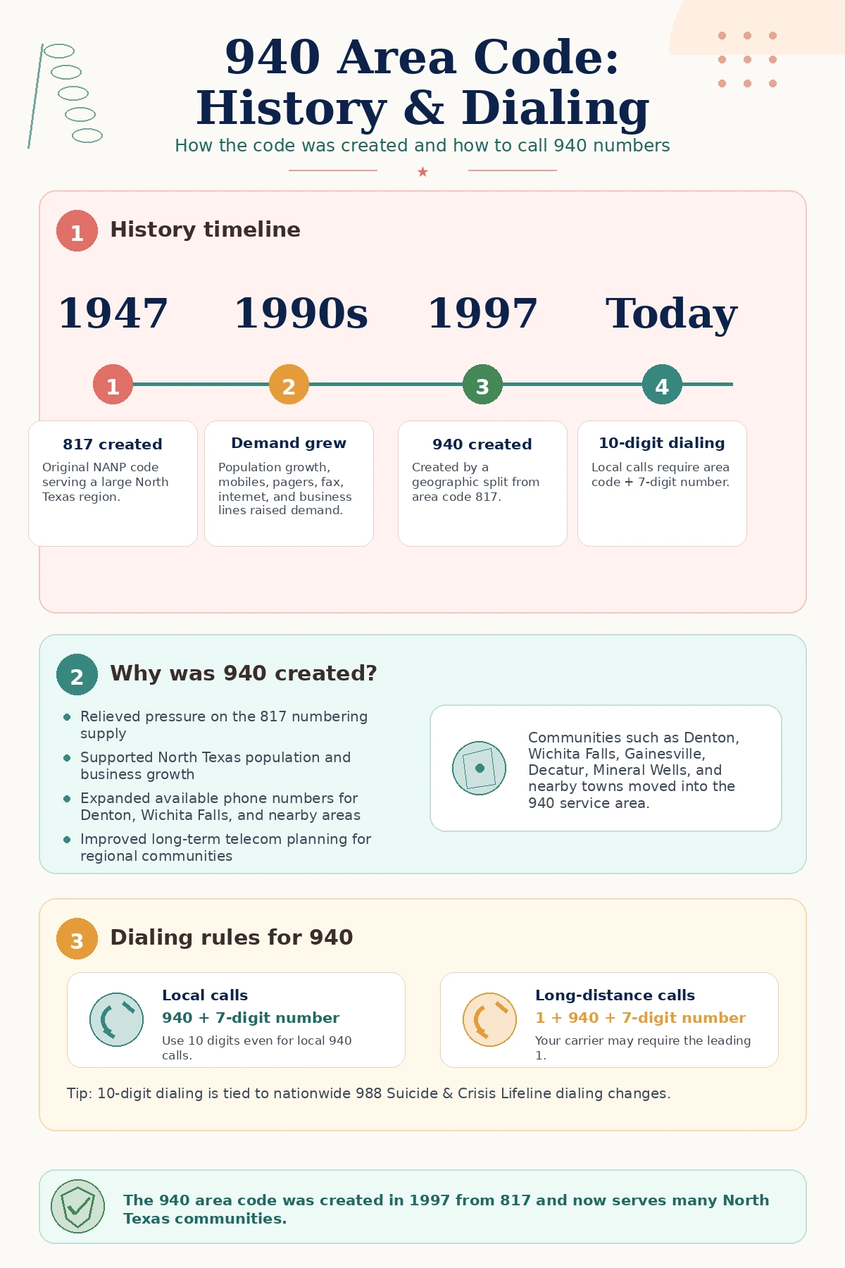 Infographic explaining the history of the 940 area code, including its split from area code 817 in 1997, North Texas number demand, and 10-digit dialing rules.