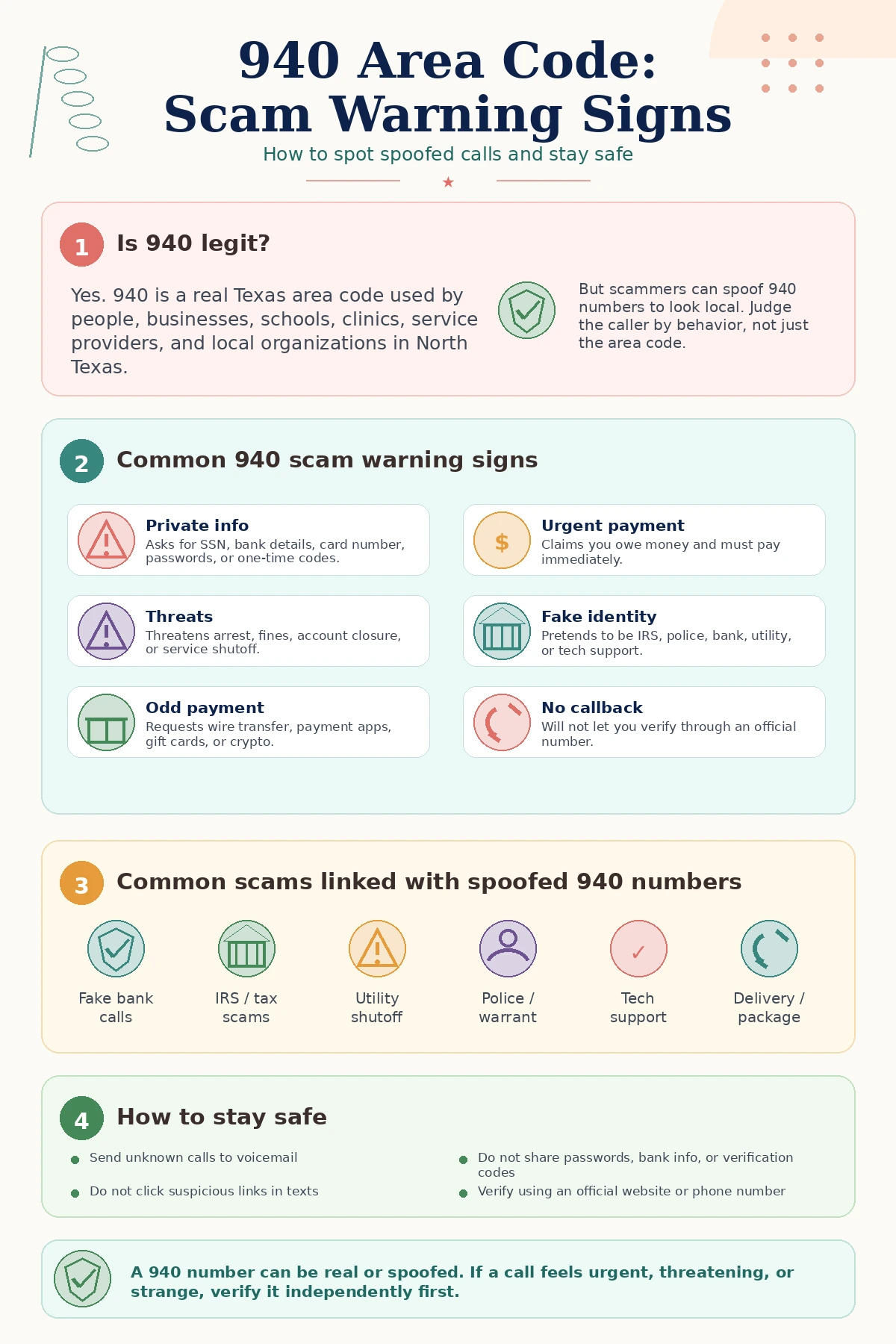 Infographic explaining 940 area code scam warning signs, common spoofed call scams, and safety tips for verifying suspicious Texas phone numbers.