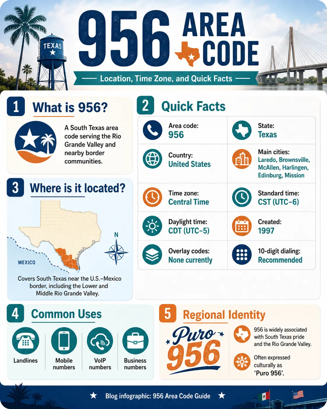 Infographic explaining where the 956 area code is located, its Central Time Zone, main South Texas cities, common uses, and quick facts.