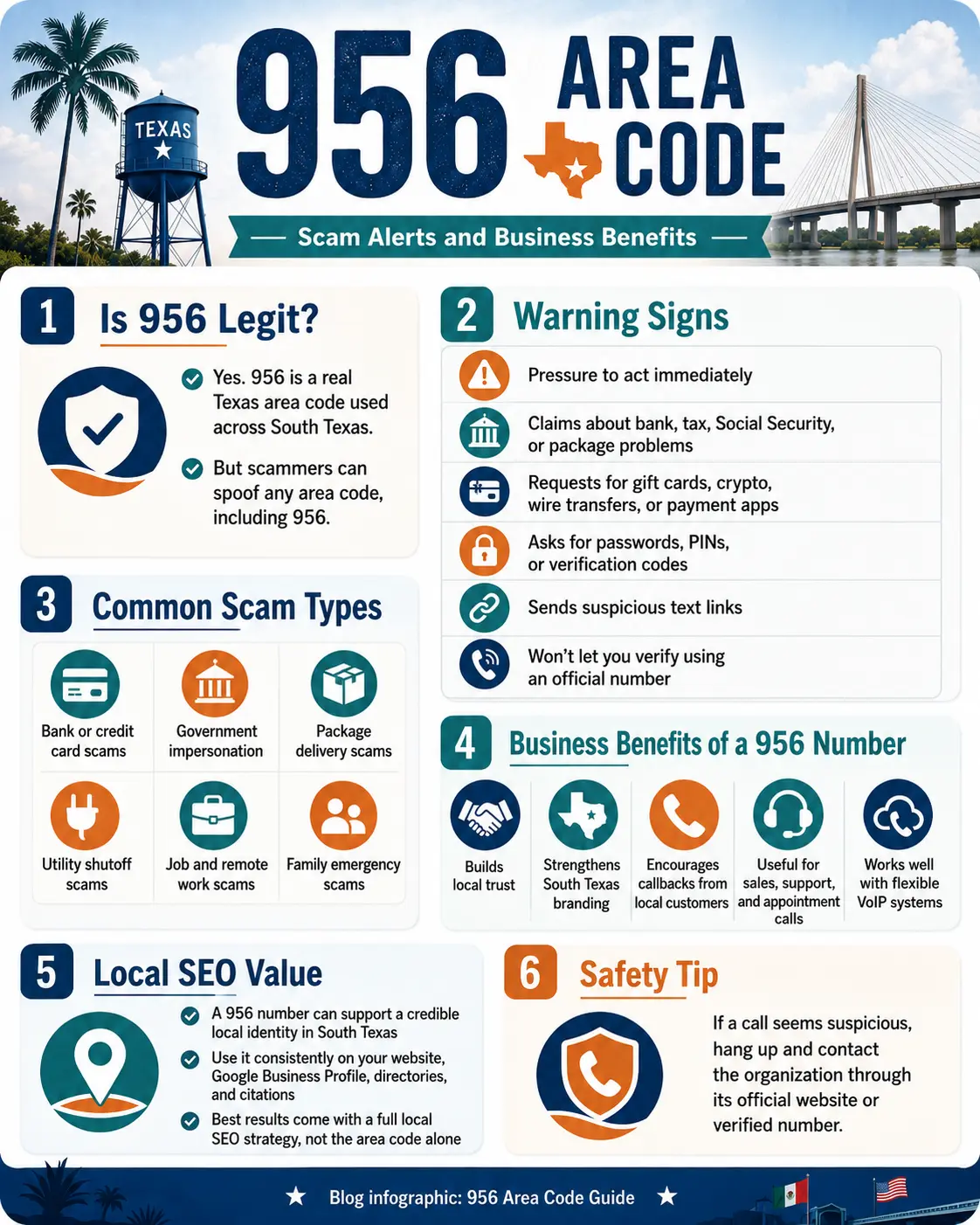 Infographic explaining 956 area code scam alerts, warning signs, common scam types, business benefits, local SEO value, and safety tips.